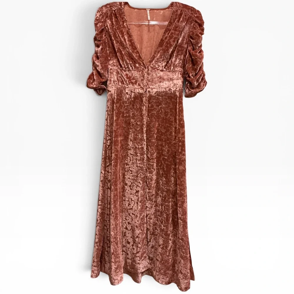 Free People Crushed Velvet Floral Midi Dress Open Front Burnout Puff Sleeve S